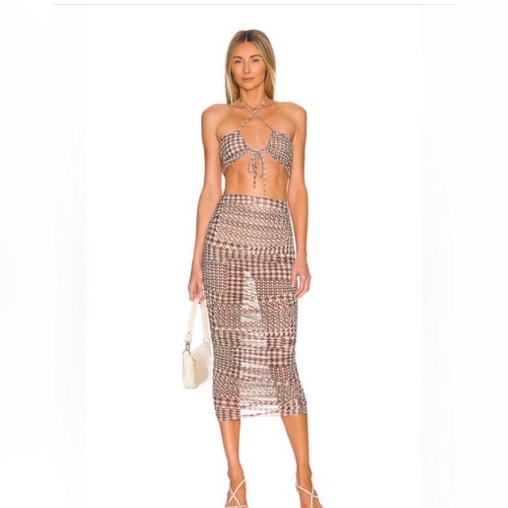 Camila Coelho Brown & Cream Knit Two-Piece Skirt Set